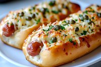 Hot dogs topped with melted cheese, fresh herbs, and capers on toasted buns create gourmet street food appeal, served on white plate with selective focus.