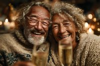 Happy senior couple celebrating with champagne glasses, laughing together in cozy winter sweaters with warm bokeh lights background for holidays.