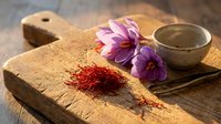 Saffron threads with purple crocus flowers on rustic wooden cutting board, culinary spice for gourmet cooking and traditional recipes.