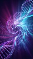 DNA double helix structure with digital binary code streams in vibrant purple and blue neon colors representing genetic data analysis and biotechnology.