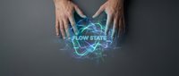 Man holding glowing flow state hologram with neural network visualization, representing peak performance, mindfulness, and psychological well-being concepts for business and wellness.