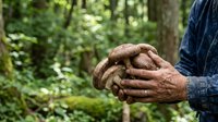 Farmer holding freshly harvested potatoes in hands outdoors in garden or farm setting, agricultural produce and organic farming concept for food production and harvest themes.
