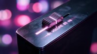 Smartphone displaying neon volume control interface with glowing pink bokeh lights in background, modern tech design for apps and digital audio concepts.