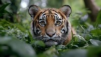 Young tiger cub portrait emerging from lush green foliage in natural habitat. Wildlife photography showcasing endangered species conservation awareness.