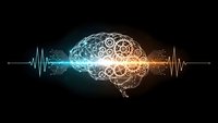 Digital brain with glowing neural networks and sound waves on dark background for artificial intelligence and technology concepts.