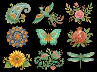 Ornamental floral and nature design elements including paisley, phoenix bird, roses, mandala, butterfly, pomegranate, sunflower, botanical flowers and dragonfly isolated on transparent background. Ready for t-shirt design, clipart, stickers and print-on-demand projects.