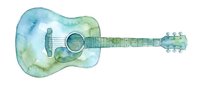 Watercolor acoustic guitar with blue and green tones on isolated white background, suitable for music design, album art, and educational materials.