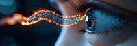 Macro shot of female eye with glowing magical light trail effect in blue and orange colors, showcasing technology and innovation concept in beauty industry.