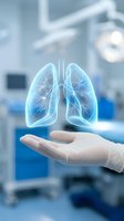 Holographic lungs floating above medical professional hand in modern hospital operating room for respiratory health and pulmonary care concepts.