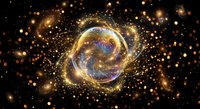 Cosmic spiral galaxy with golden light rings and stardust particles floating in deep space. Astronomy and universe exploration concept for science backgrounds.