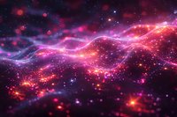 Magical cosmic waves with glowing pink and purple nebula particles floating in dark space, sparkling stars and luminous energy streams create dreamy atmosphere.