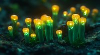 Glowing mushrooms with luminescent orange caps and green stems emerging from dark forest floor create magical fairy tale atmosphere in night scene.