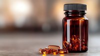 Amber glass bottle with omega-3 fish oil gel capsules scattered on wooden surface against blurred background. Natural health supplement concept.