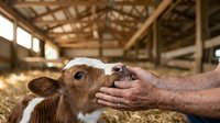 Farmer's hand gently touching calf's face in rustic barn with straw bedding. Depicts agricultural care, livestock management, and rural farming practices for agricultural industry content.