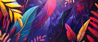 Vibrant tropical leaves in neon colors against dark background create magical forest atmosphere with glowing foliage and mystical purple light effects.