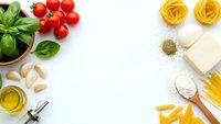 Fresh Italian pasta ingredients with basil, tomatoes, cheese and olive oil arranged on white background for cooking and recipe preparation.