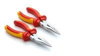 Professional needle nose pliers with red and yellow insulated handles isolated on white background for electrical work and precision tasks.