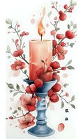 Watercolor composition featuring glowing coral candle in blue candlestick surrounded by delicate red cherry blossoms and berries on white background, suitable for greeting cards.