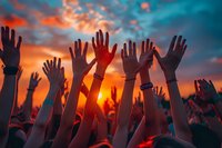 Silhouettes of raised hands against dramatic sunset sky with vibrant orange clouds and deep turquoise colors, perfect for concepts of unity, freedom, celebration, music festival or worship background.