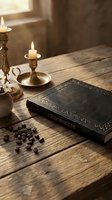 Dark leather-bound Chronicles book on rustic wooden table with brass candlesticks, candles, coffee beans, and white flowers in warm light.