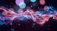 Abstract flowing energy waves in pink and blue colors with glowing particles and bokeh lights on dark background for digital art and futuristic designs.