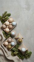 Natural colored eggs in cardboard cartons with moss decoration on neutral background for sustainable farming and organic food concepts.