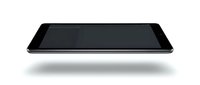 Modern black smartphone with blank screen floating on white background for technology and communication design projects.