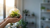 Hands holding glass terrarium with green moss and plants in bright modern home interior with natural sunlight streaming through window.