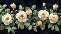 Delicate cream roses with green leaves arranged in horizontal composition against dark background. Romantic floral arrangement for wedding and celebration designs.