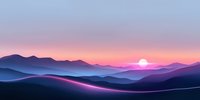 Minimalist mountain landscape at sunset with purple and pink gradient sky, layered hills silhouettes, and glowing sun on horizon creating serene atmosphere.