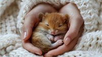 Tiny newborn ginger kitten sleeping peacefully in protective cupped hands surrounded by soft cream knitted blanket for pet care and animal welfare concepts.