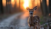 Young spotted deer fawn standing on forest path during golden hour sunset with warm backlighting creating magical woodland atmosphere for nature photography.