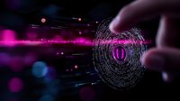Futuristic digital fingerprint scan with glowing purple light effects and binary code particles, representing cybersecurity and biometric authentication technology.