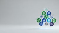 Technology hexagon icons floating above white surface with digital connectivity symbols for business presentations and tech concepts.