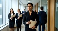 Professional African American businesswoman walking confidently in modern office corridor holding documents with diverse colleagues in background.