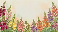 Colorful snapdragon flowers border frame with pink purple orange yellow blooms on textured beige background for greeting cards and floral designs.
