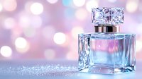 Elegant crystal perfume bottle with silver cap on glittery surface against soft pink and blue bokeh background, luxury cosmetic product photography for beauty advertising.