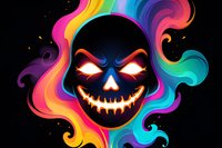 Glowing neon skull with sinister smile surrounded by vibrant rainbow smoke swirls on black background, spooky supernatural art for Halloween designs.
