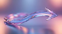 Curved glass arrow with pink and blue gradient reflections on blurred bokeh background, modern business concept for growth and direction.