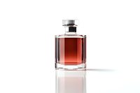 Elegant square glass perfume bottle with amber-colored fragrance and crystal stopper on white background with reflection, ideal for luxury cosmetic advertising.