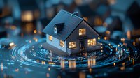 Glowing house model floating on digital circular interface with futuristic technology elements in blue tones, representing smart home and real estate innovation.