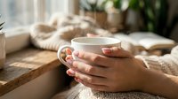 Cozy morning scene with female hands holding white ceramic mug in sunlit room with soft blanket and plants creating peaceful atmosphere for relaxation.