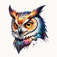Colorful artistic owl head with vibrant feathers in orange, blue and purple tones on white background, fierce eyes and detailed plumage. Isolated design element.