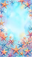 Watercolor starfish frame with colorful sea stars and bubbles on aqua background for summer marine designs and ocean themed projects.