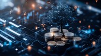 Growing money tree on stack of coins against digital circuit board background with glowing particles and bokeh lights in blue tones.