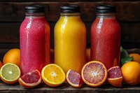 Fresh cold-pressed juices in glass bottles with citrus fruits. Red and orange natural smoothies with blood oranges, grapefruit, and regular oranges.