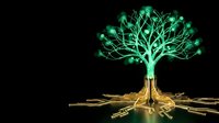 Glowing green tree with golden roots on black background, digital art concept for growth, nature, technology and environmental themes.