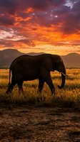 Majestic elephant silhouette grazing in golden savanna grassland during dramatic sunset with vibrant orange and purple clouds over mountain landscape.