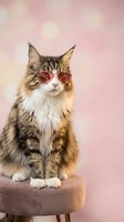 Stylish Maine Coon cat wearing trendy sunglasses sitting on wooden stool against soft pink bokeh background for fashion and lifestyle content.