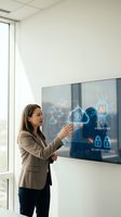Professional businesswoman interacting with futuristic digital interface displaying cloud computing and AI technology icons in modern office environment.